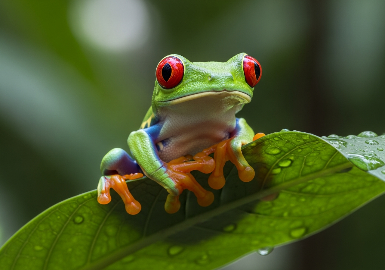 Red-eyed tree frog with vivid red eyes and orange feet clinging to a green leaf