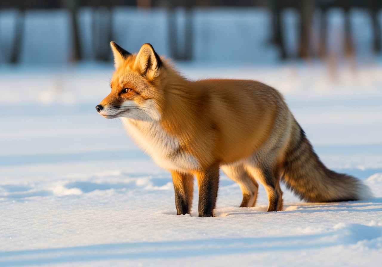 Red fox with a bushy tail standing in a snowy field looking alert
