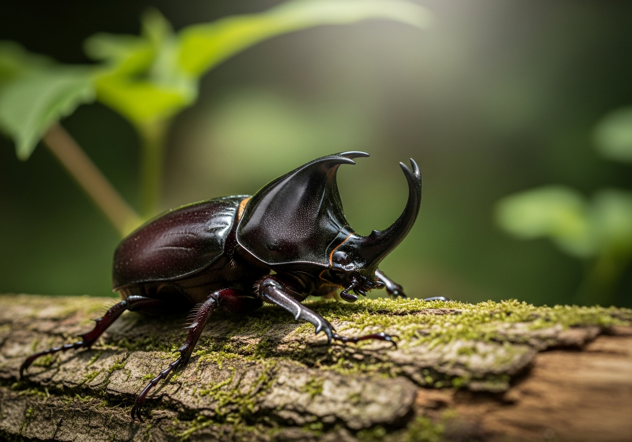 Large black rhinoceros beetle with a curved horn on a log