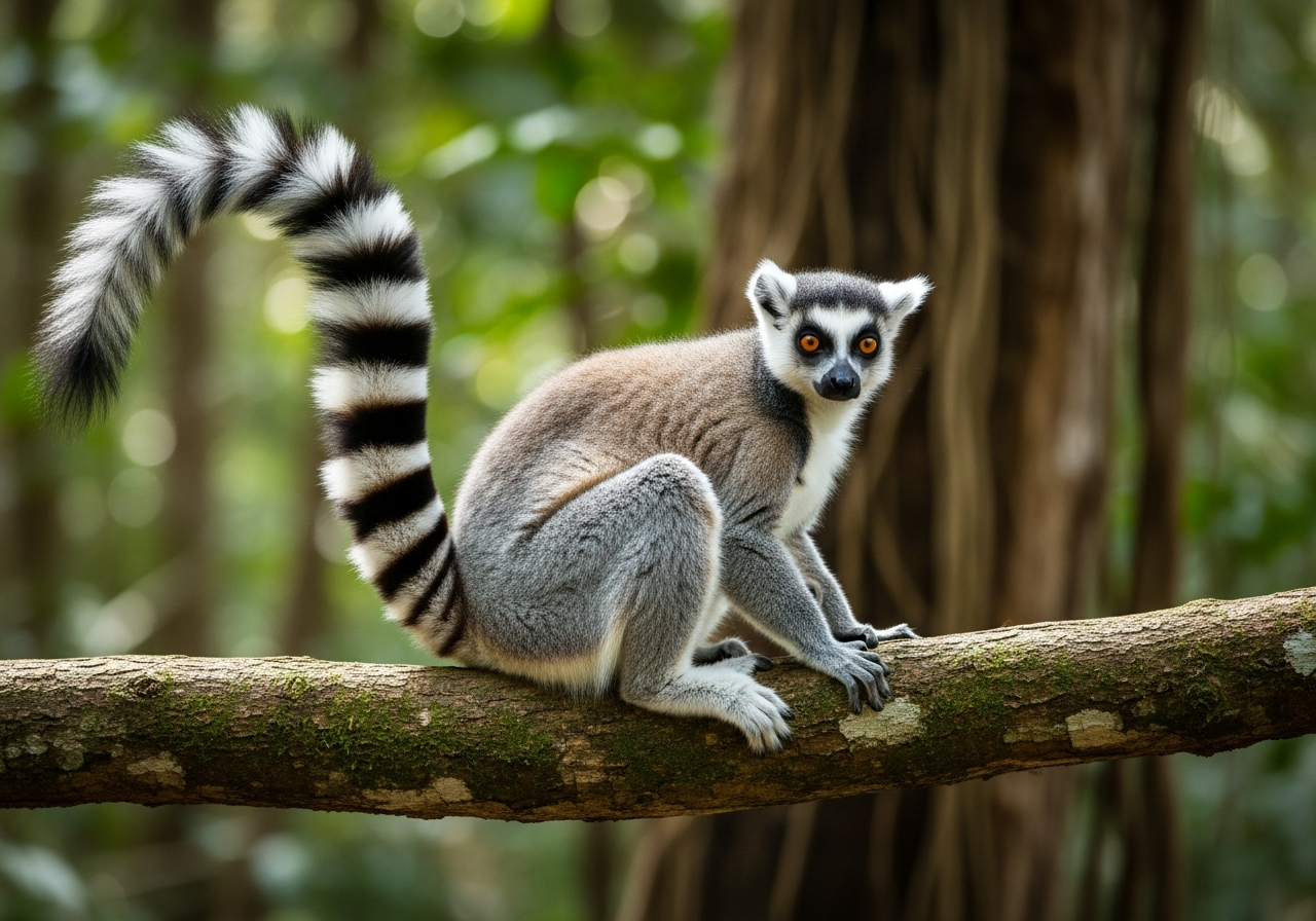 Ring-tailed lemur sitting on a branch in a Madagascar forest, showing its grey body and black-and-white striped tail