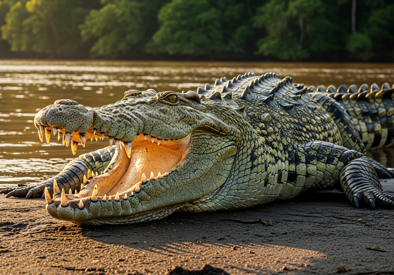 Large saltwater crocodile resting at the edge of a tropical river with mouth open