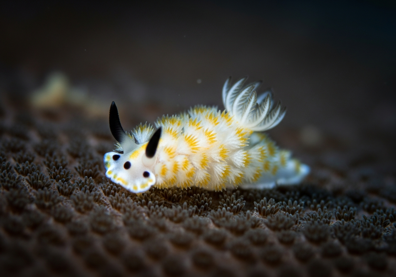 White sea bunny nudibranch with fuzzy texture and ear-like rhinophores resting on coral reef substrate
