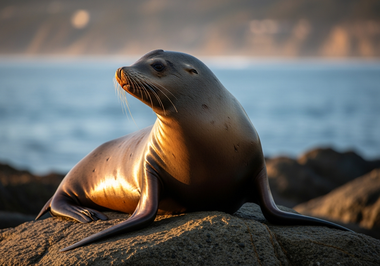 California sea lion resting on a coastal rock, showing its sleek brown fur, whiskers, and small external ear flaps