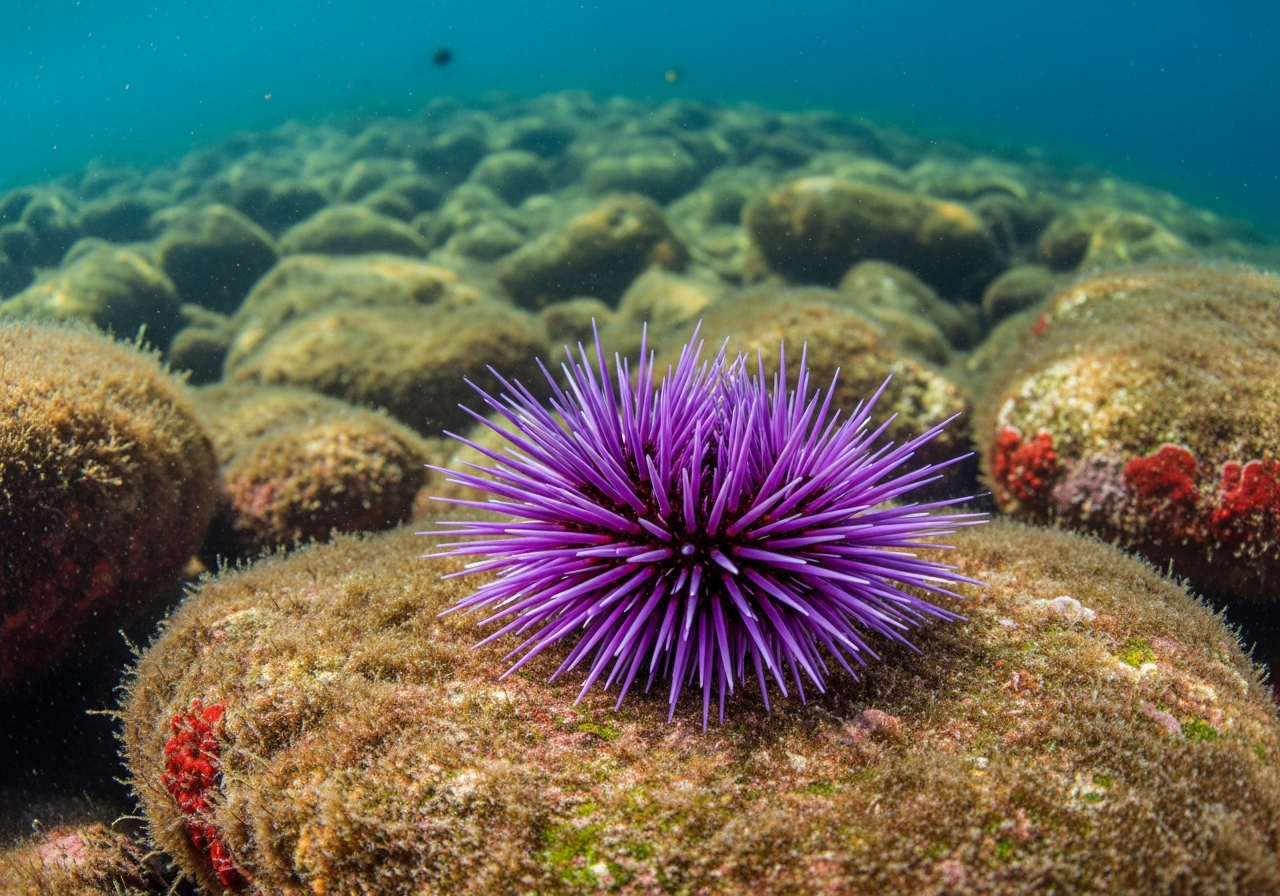 Dark purple spiny sea urchin clinging to a rocky reef surface