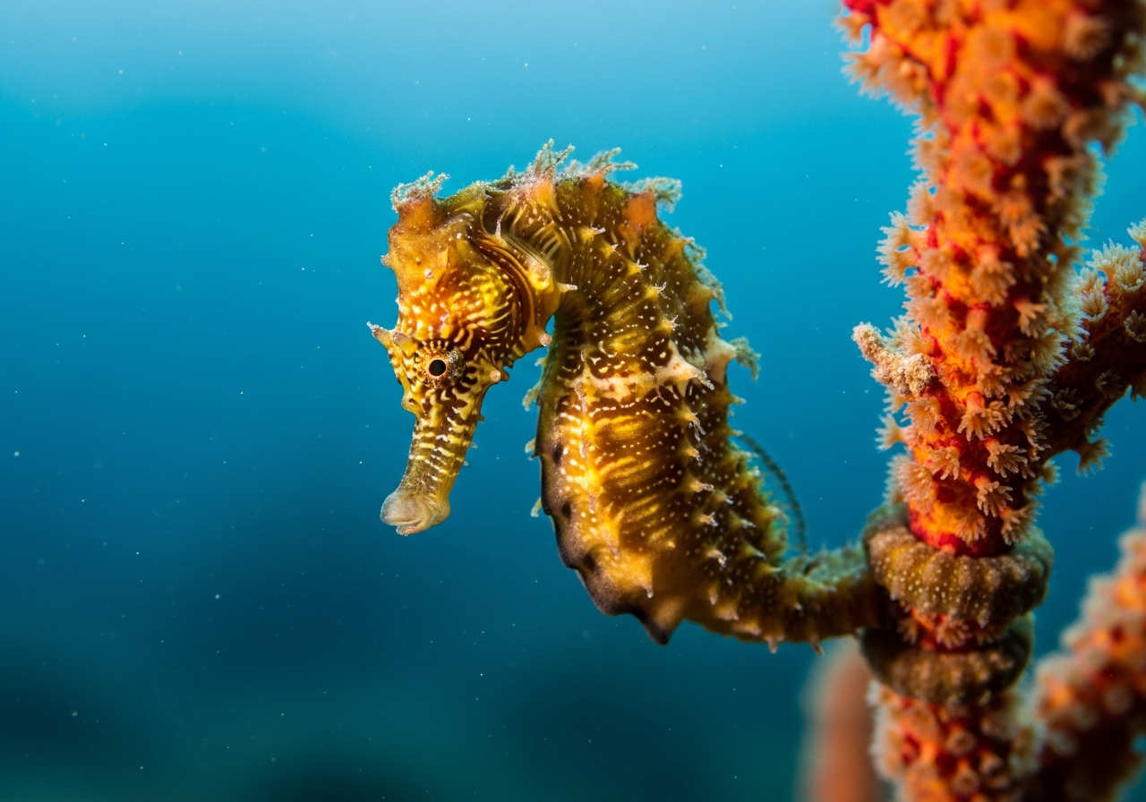 Seahorse gripping coral with its curled tail underwater