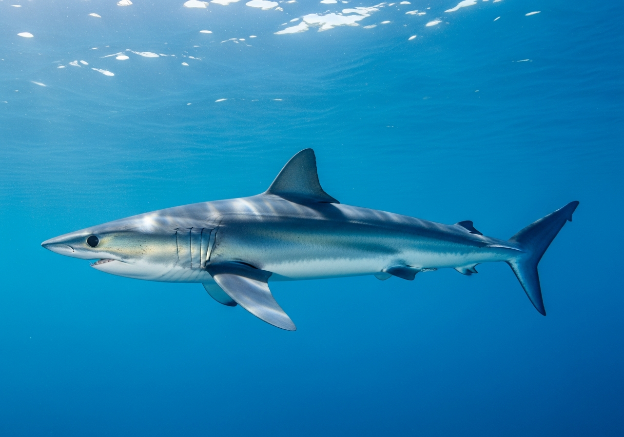 Shortfin mako shark with a sleek metallic-blue body swimming through open blue ocean water