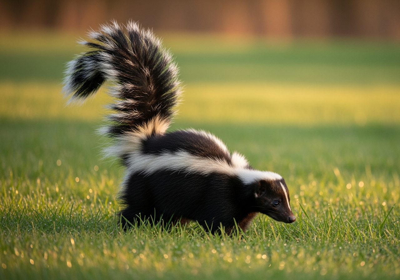 Striped skunk with bold white stripes on black fur and bushy tail walking through grass