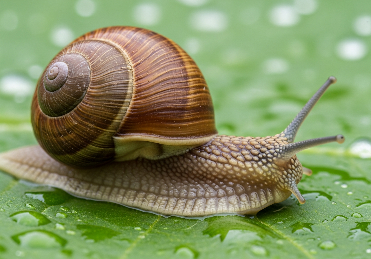 Brown-shelled garden snail gliding across a green leaf