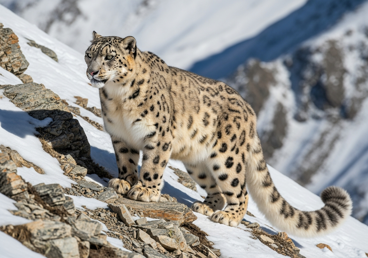 Snow leopard with thick pale spotted fur standing on a rocky Himalayan slope