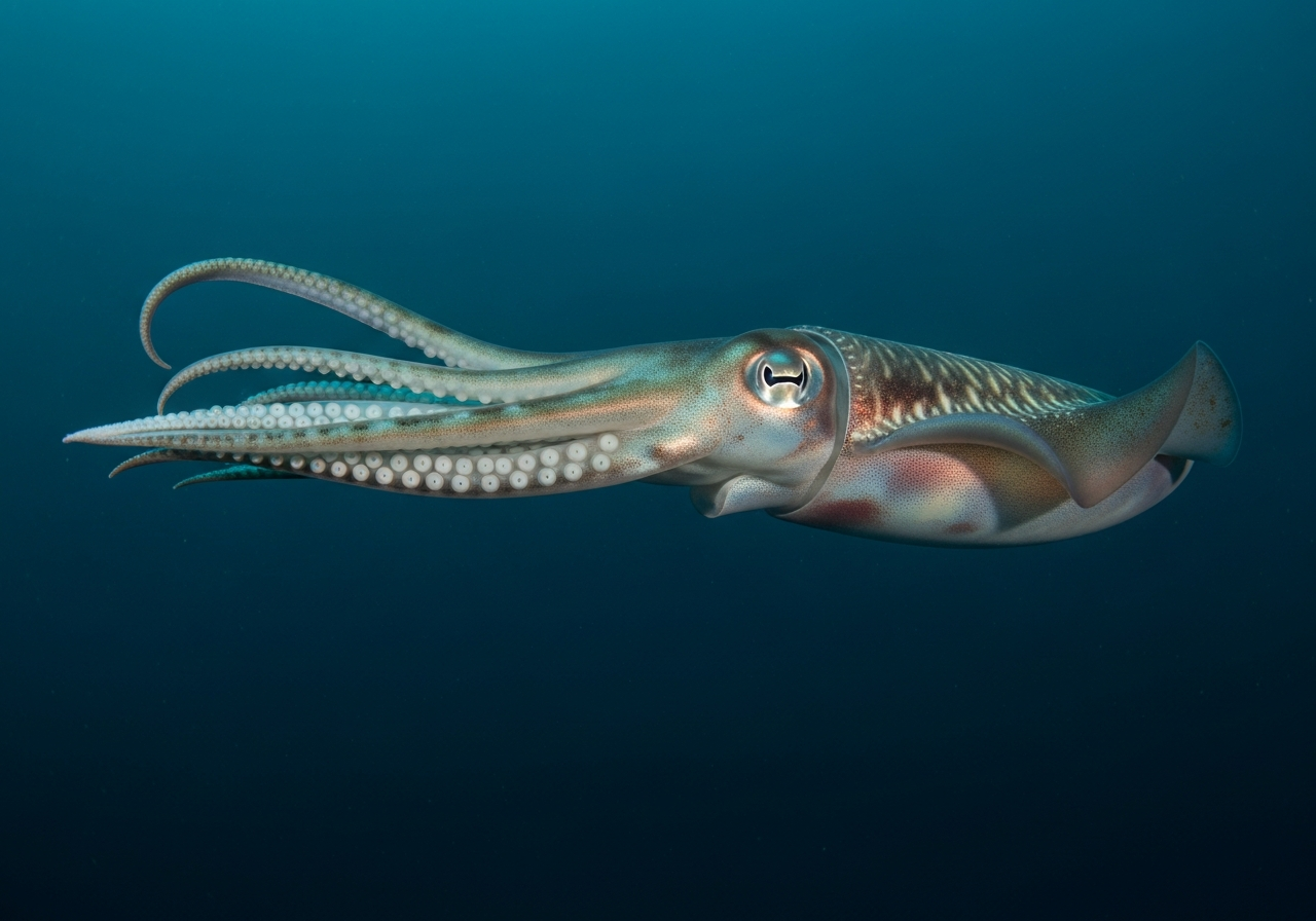 Giant squid with long tentacles and huge eye in deep dark ocean water