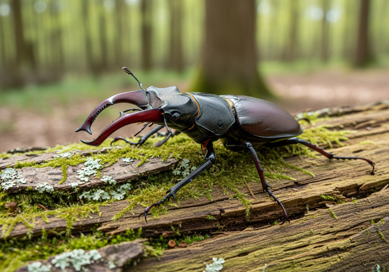 Large male stag beetle with antler-like jaws on a piece of dead wood