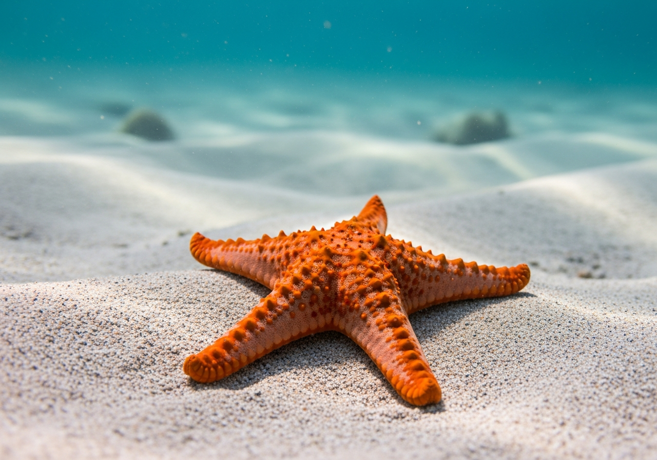 Orange five-armed starfish resting on a rocky tidal seabed