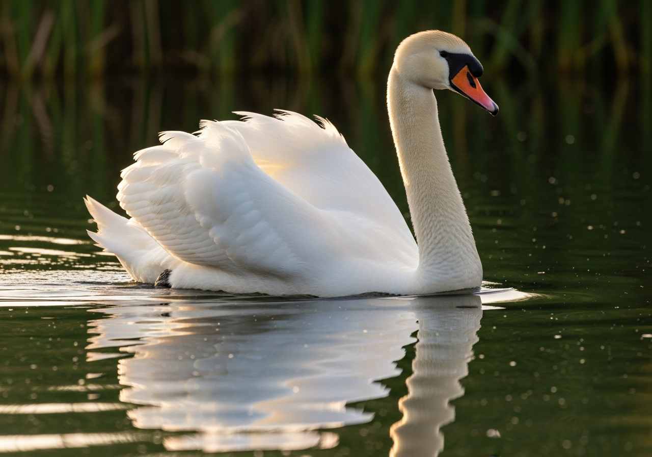 Mute swan gliding on calm water with wings arched, white plumage and orange beak