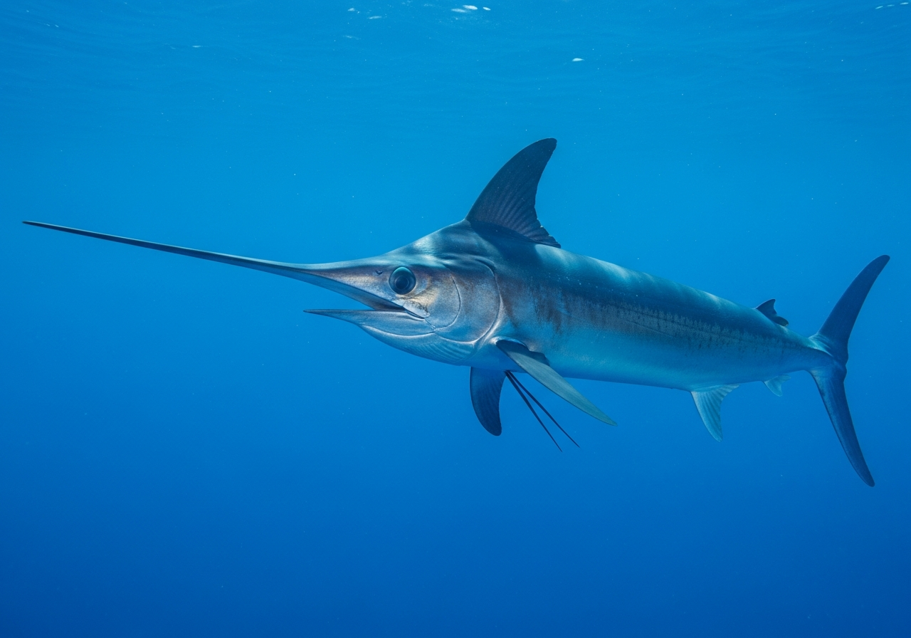 Swordfish with a long flat bill and tall dorsal fin swimming in deep blue water