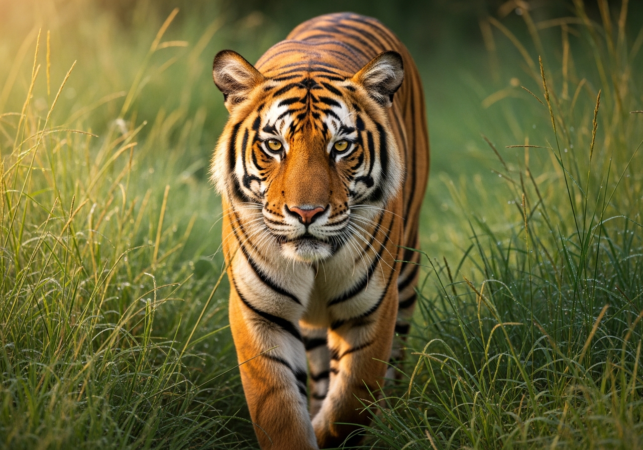Bengal tiger walking through tall green grass, staring directly forward