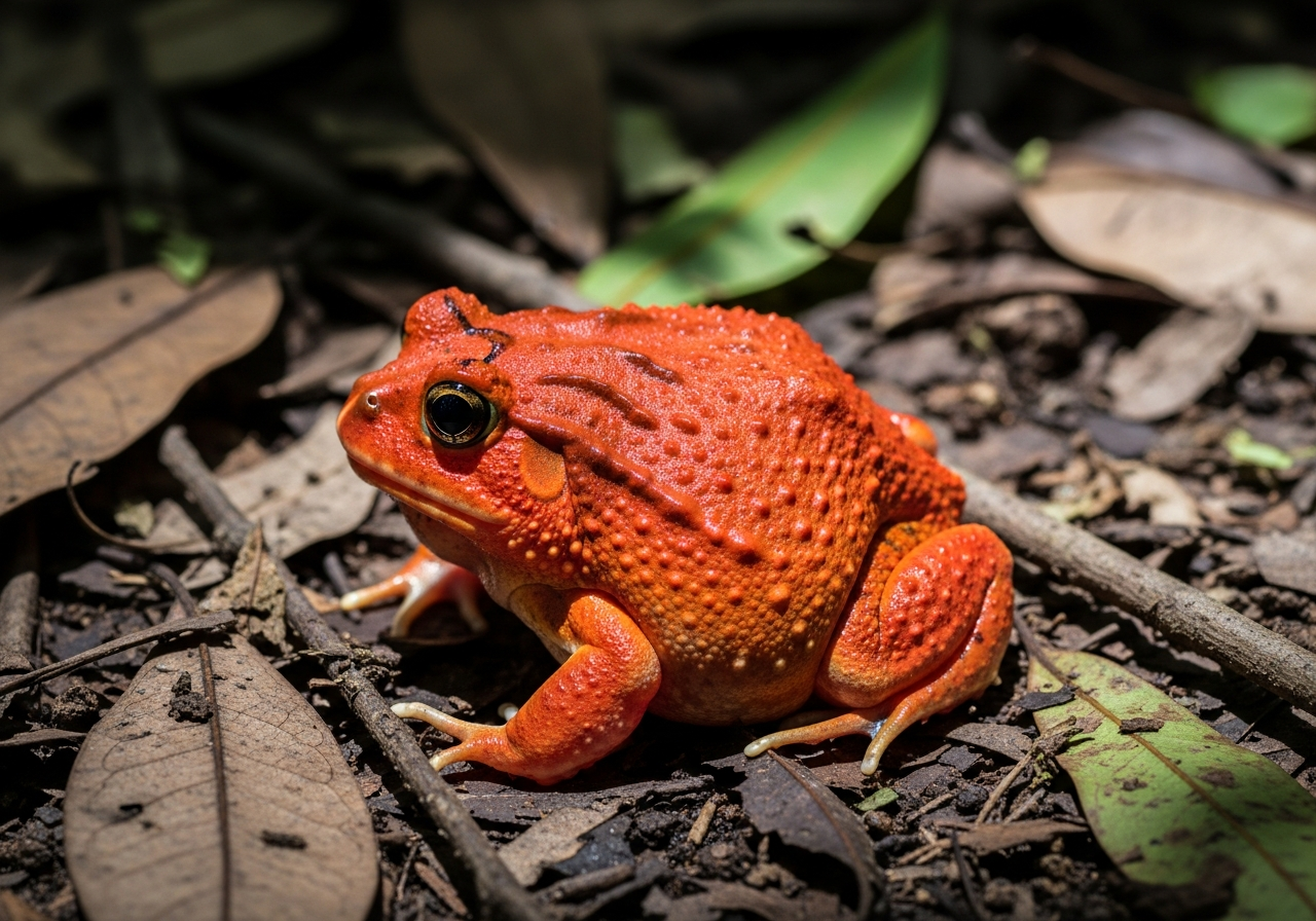 Plump bright red-orange tomato frog sitting on damp forest leaf litter
