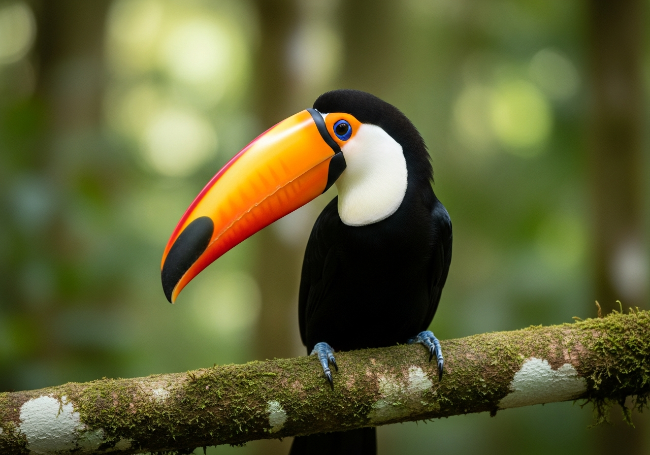 Toco toucan with a large orange bill and black body perched on a branch