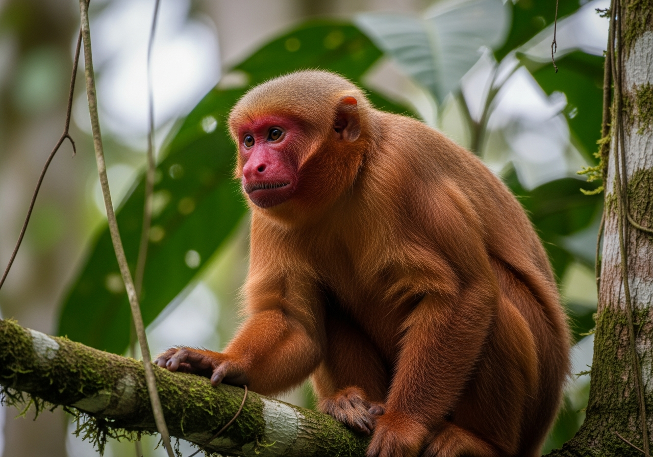 Bald uakari monkey with a bright red bald face and shaggy reddish fur in a rainforest tree