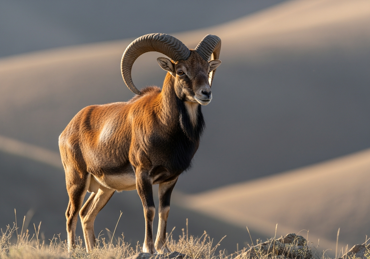 Urial wild sheep with curved horns and a dark neck ruff on dry rocky hills