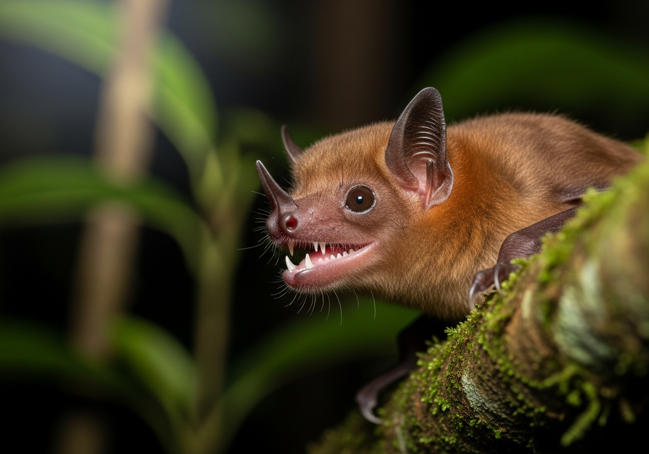 Common vampire bat perched on a branch at night showing its small nose and teeth