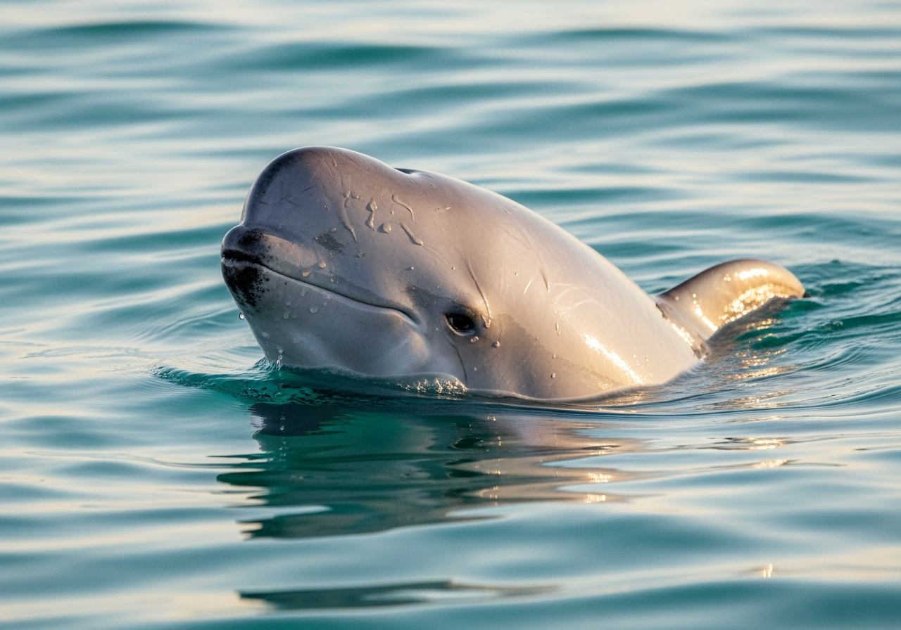 Vaquita porpoise with dark eye and lip markings surfacing in blue-green sea