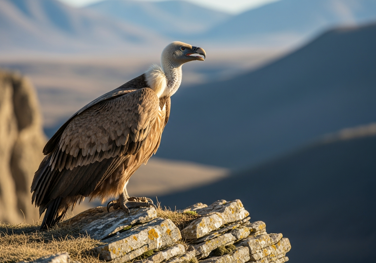 Griffon vulture with broad wings and pale bald head perched on a rocky crag