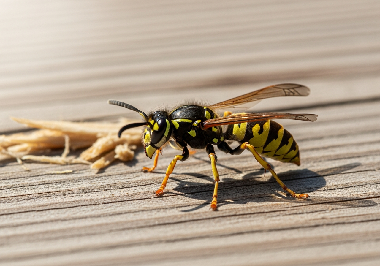 Yellow and black common wasp resting on a wooden surface