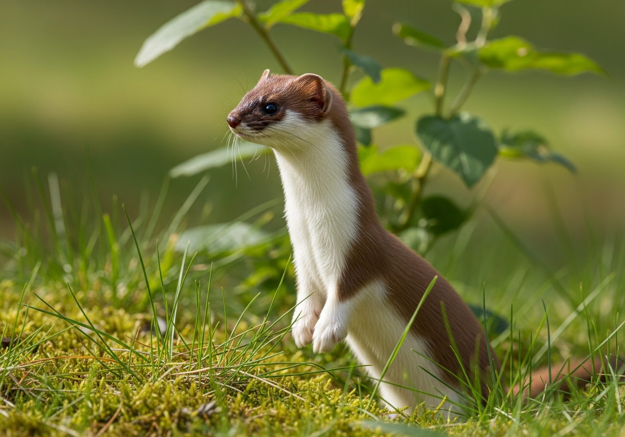 Weasel standing upright on its hind legs in a grassy field showing its slender brown body and white underside