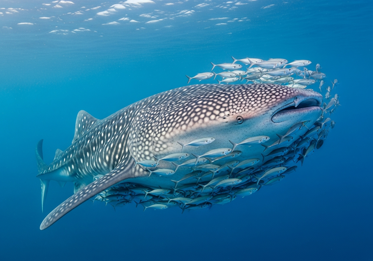 Massive spotted whale shark swimming near the ocean surface