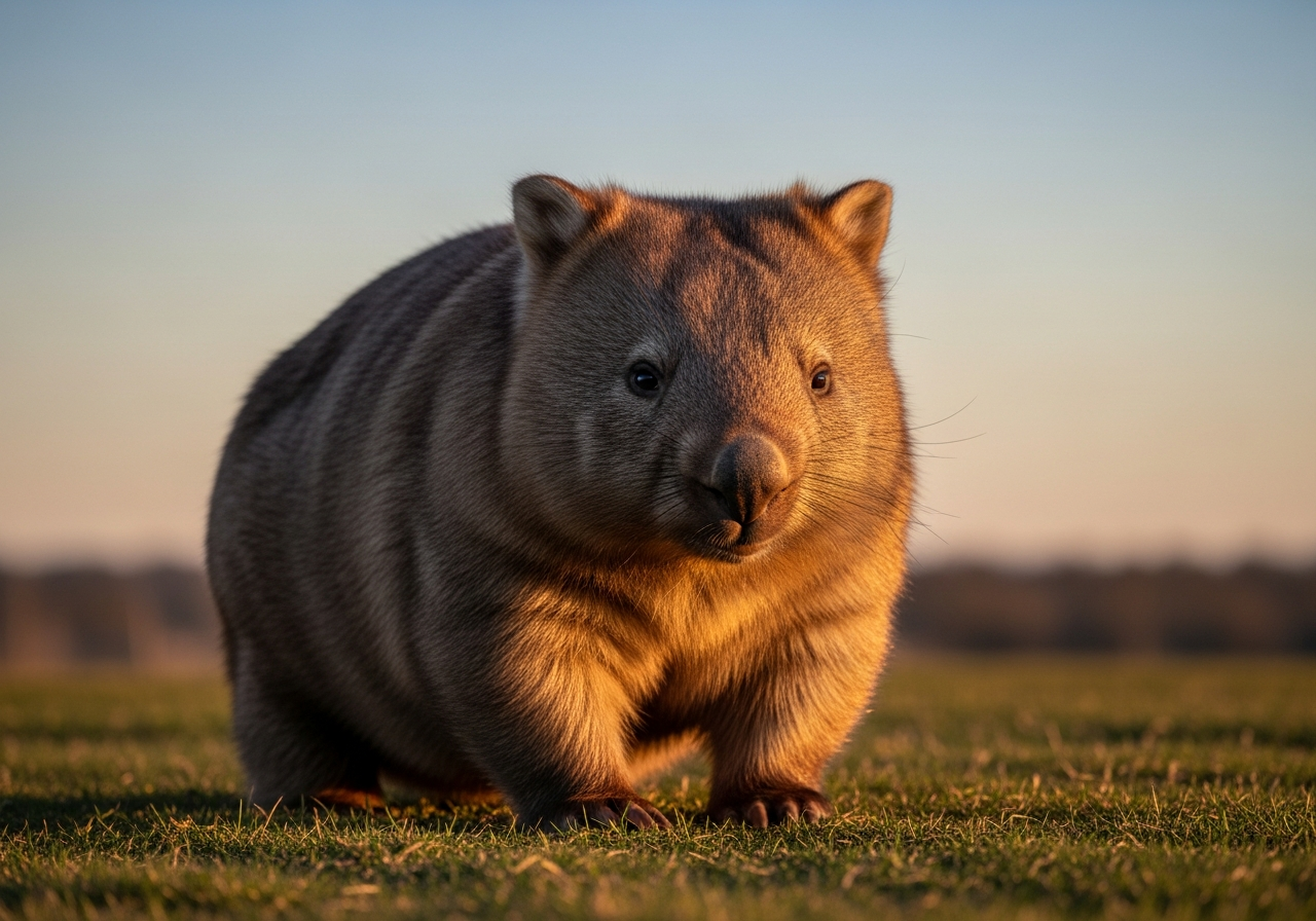 Common wombat sitting on a grassy hillside in southeastern Australia showing its stocky brown body and broad rounded snout
