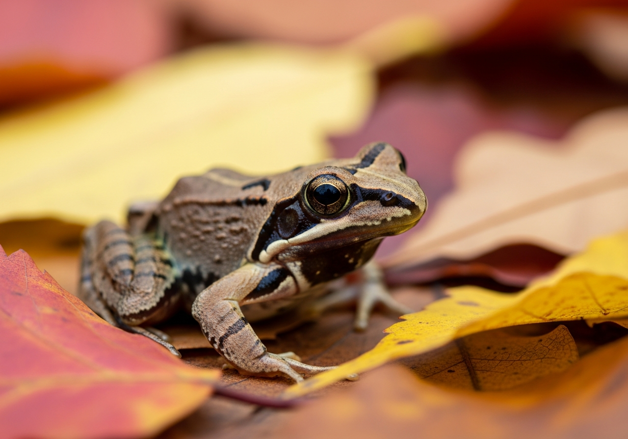 Brown wood frog with a dark eye mask sitting on damp leaf litter in a forest