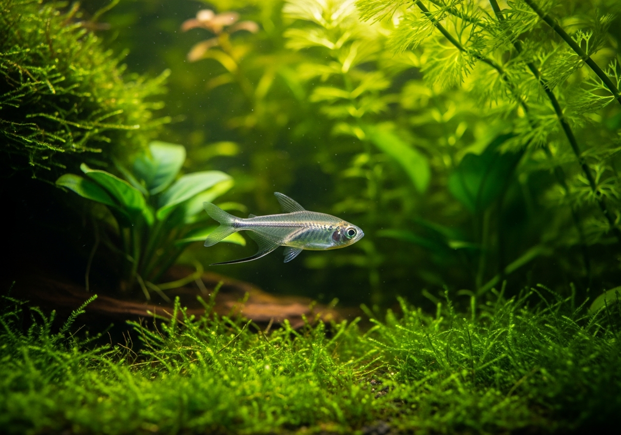 Small translucent X-ray tetra with a visible silvery skeleton swimming in a planted aquarium