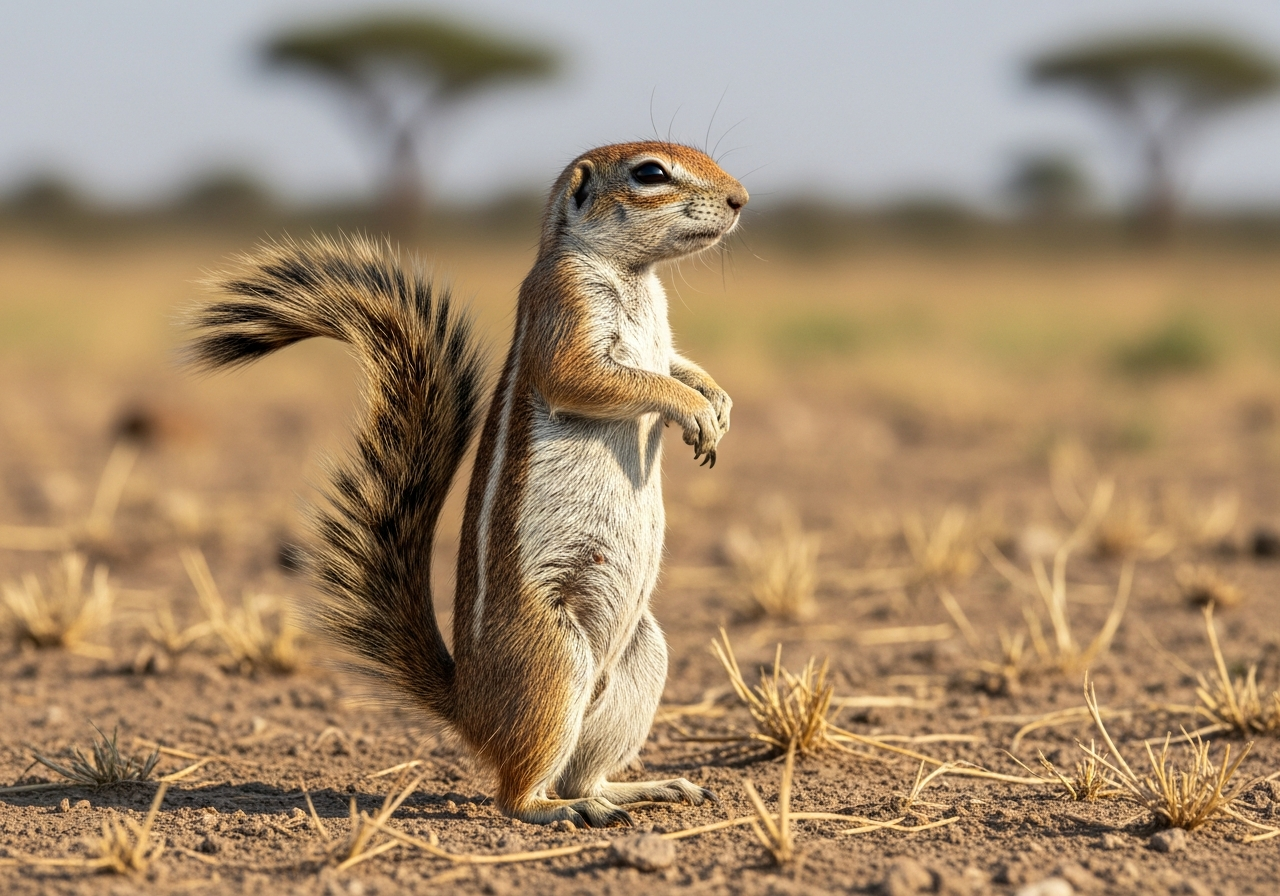 African ground squirrel (xerus) standing upright on dry ground with a bushy tail