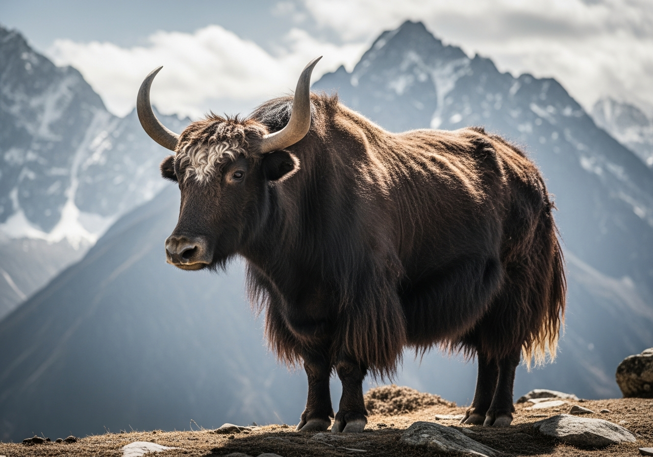 Shaggy yak with long dark hair and curved horns on a high Himalayan plateau