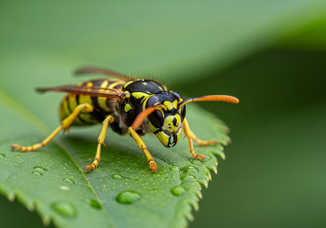 Close-up of a yellowjacket wasp with bold yellow and black stripes on a leaf